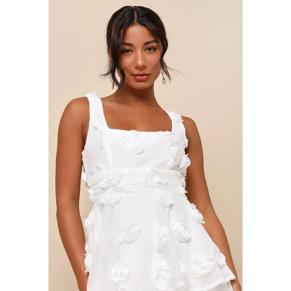 Lulus Exceptional Entrance White Sleeveless Tiered Rosette Midi Dress Size M NWT - Picture 4 of 11